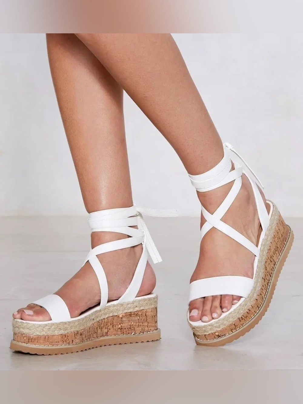White Lace-Up Cork Platform wedge Sandals size 9